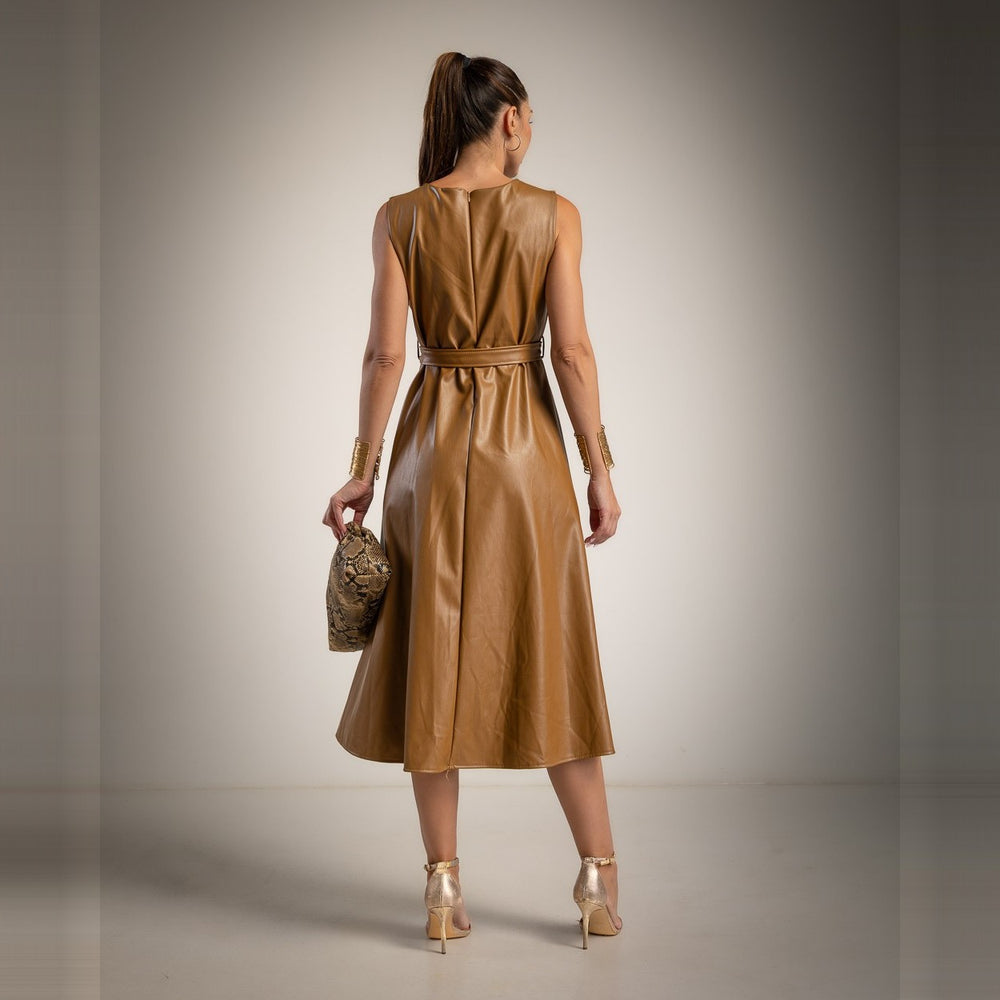 Warm Camel sleeveless faux leather midi dress with self-tie belt and flared skirt - back view