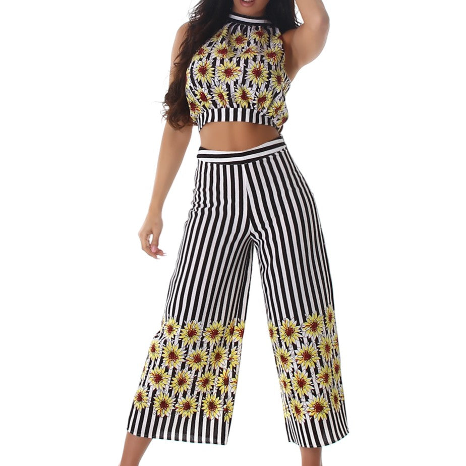 Black and white striped two-piece set with yellow floral print – front view