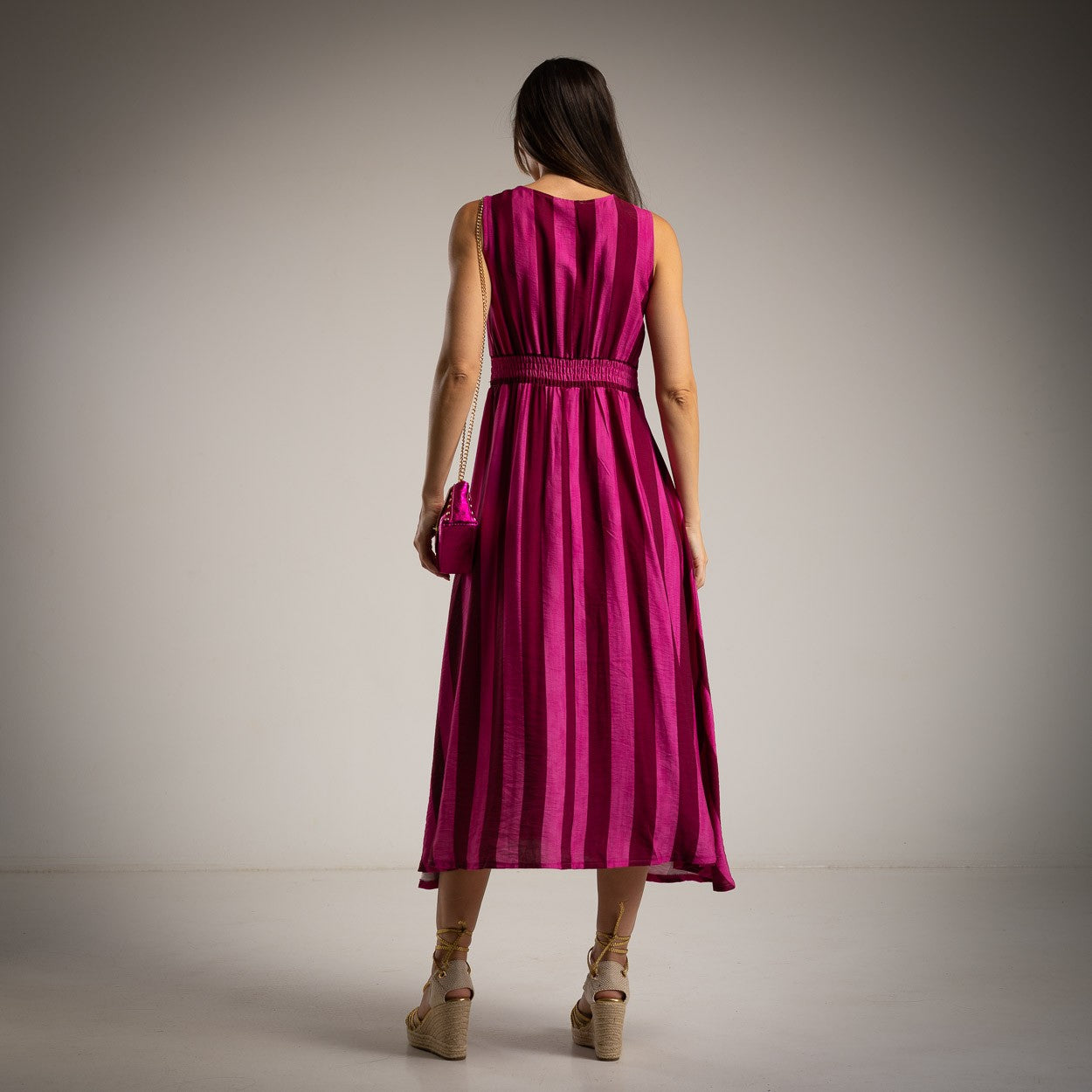 striped summer midi dress bougainvillea fuchsia pink back view elastic waist italian viscose marigiou