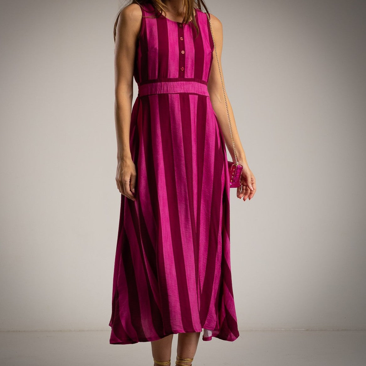 striped summer midi dress bougainvillea fuchsia pink sleeveless button detail italian viscose marigiou