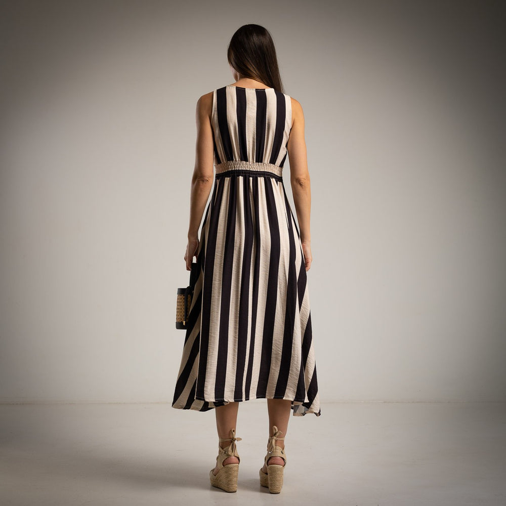 striped summer midi dress ivory white black back view elastic waist italian viscose marigiou