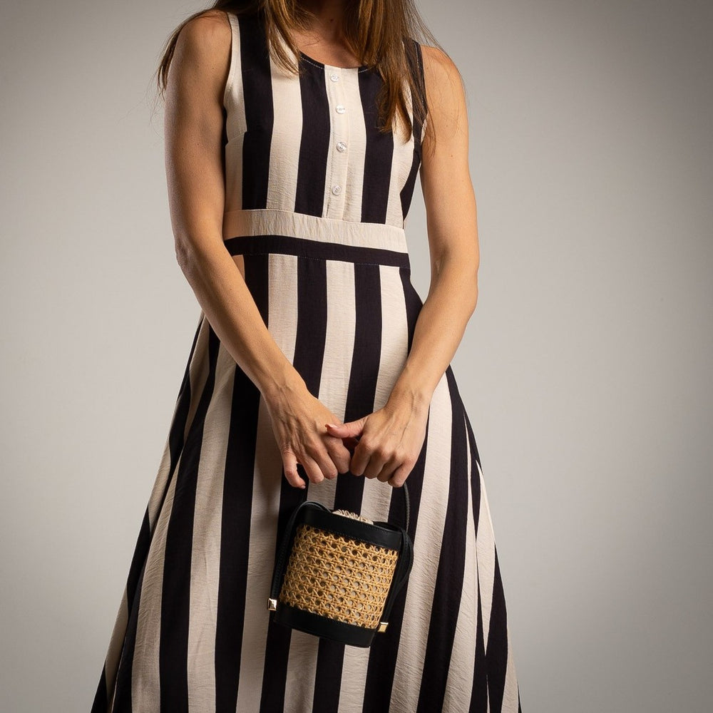 striped summer midi dress ivory white black button detail italian viscose marigiou