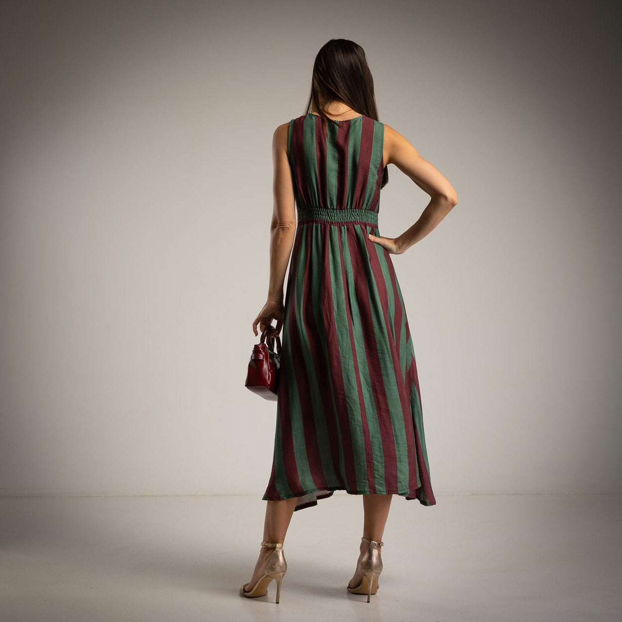 striped summer midi dress olive grove green back view elastic waist italian viscose marigiou