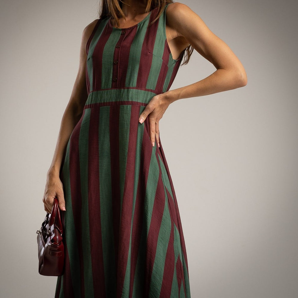 striped summer midi dress olive grove green sleeveless button detail italian viscose marigiou