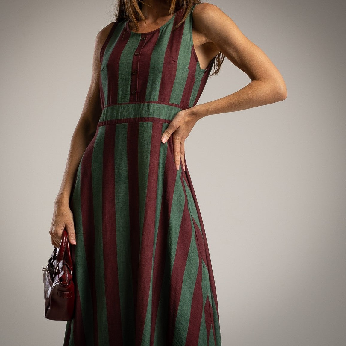 striped summer midi dress olive grove green sleeveless button detail italian viscose marigiou