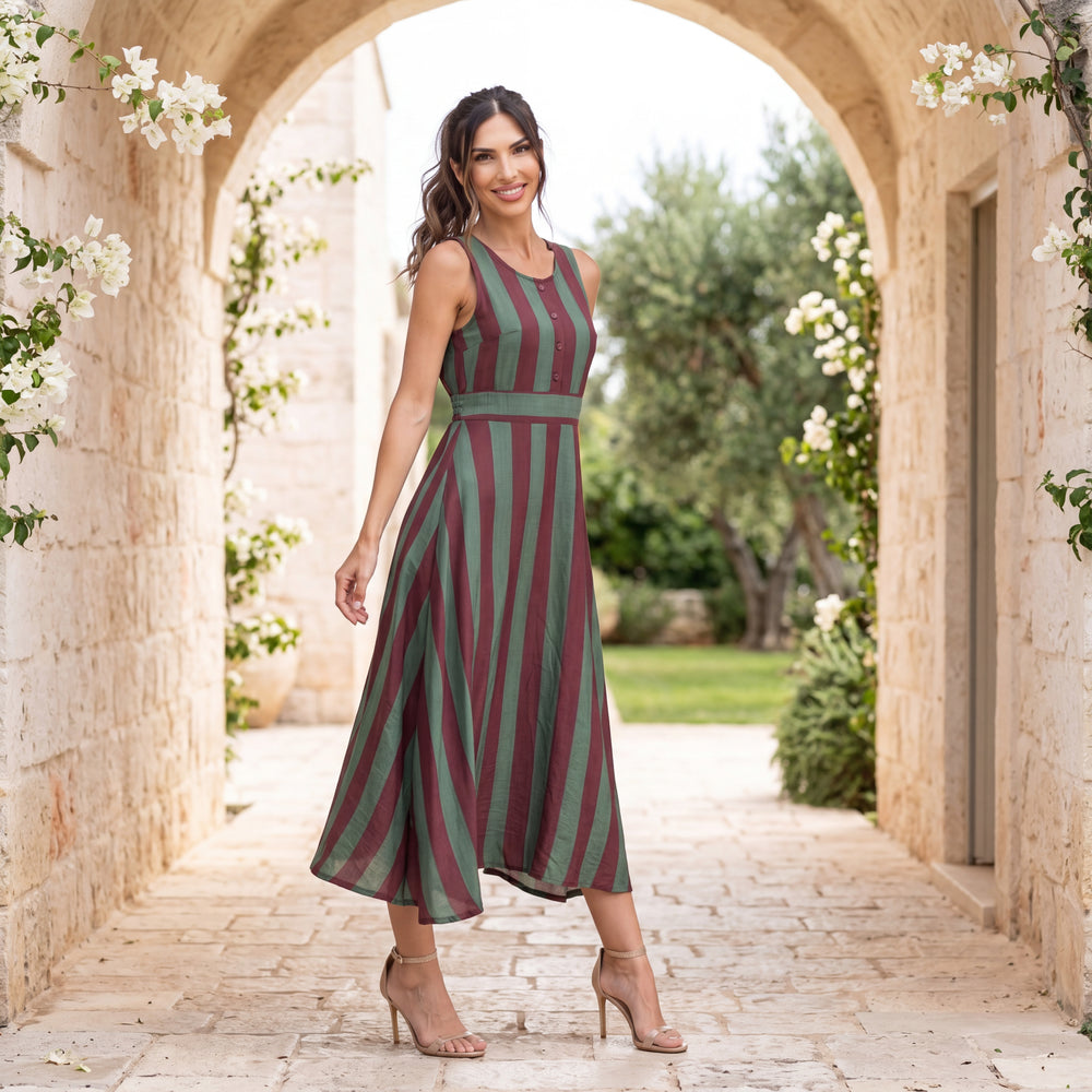 striped summer midi dress olive green mediterranean style marigiou