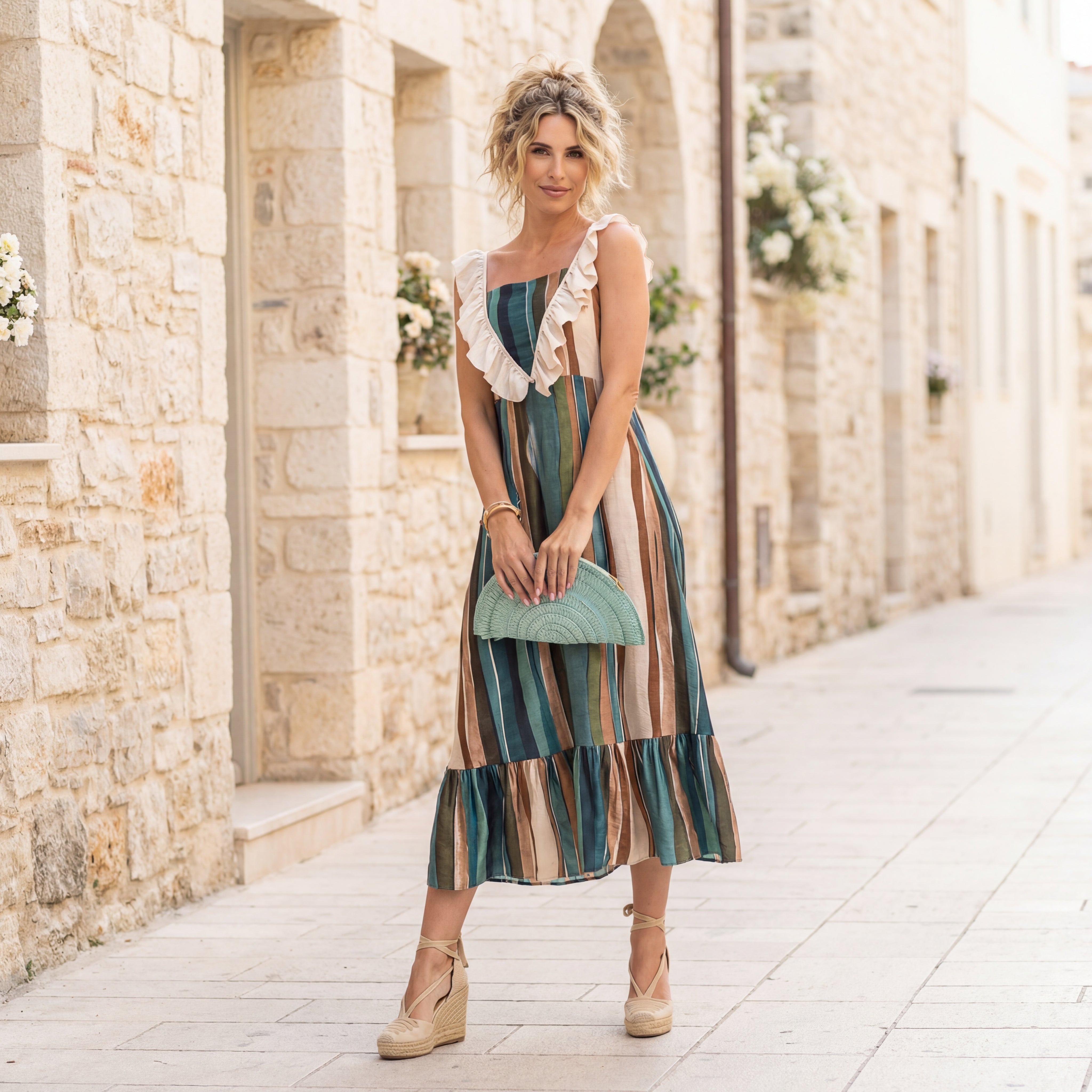 MARIΓIOÚ Striped Midi Dress with Ruffle Straps