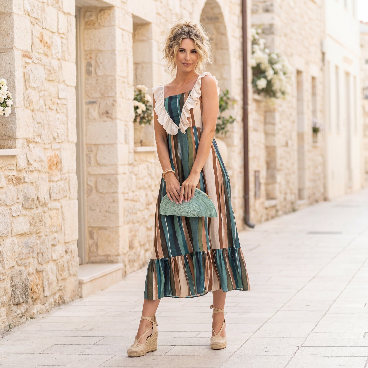 MARIΓIOÚ striped midi dress with ruffle straps in petrol and beige tones, styled in a Mediterranean stone alley with espadrille wedges and clutch