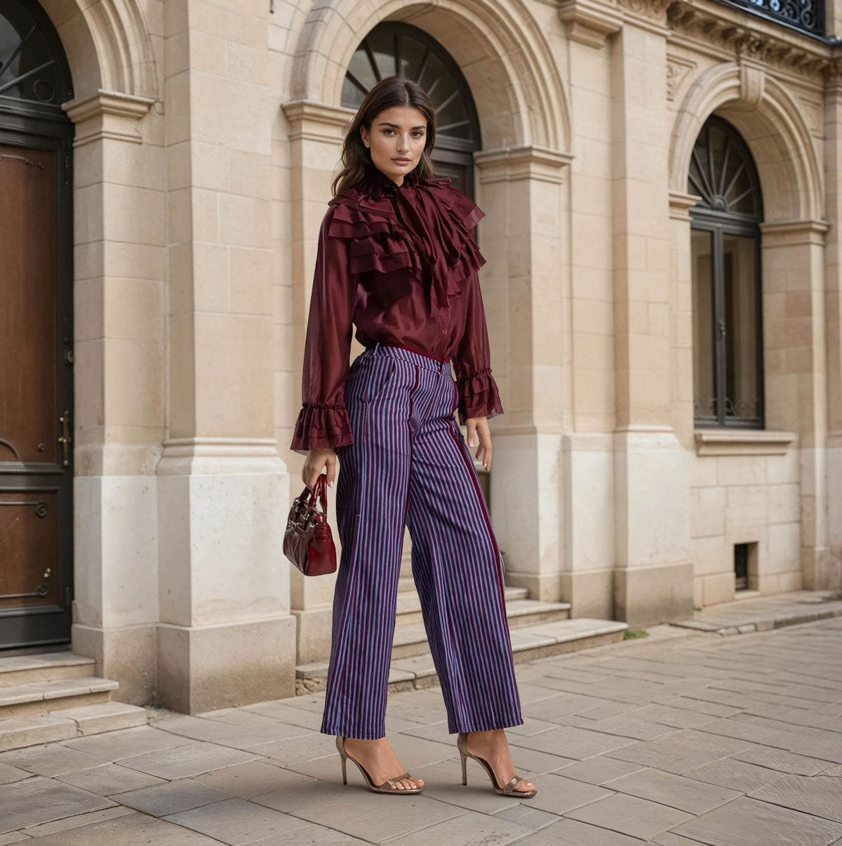 MARIΓIOÚ striped wide-leg cotton pants burgundy outfit