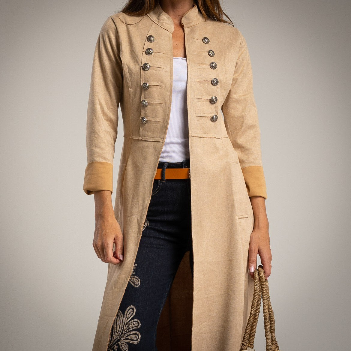 marigiou suede coat decorative buttons beige front view