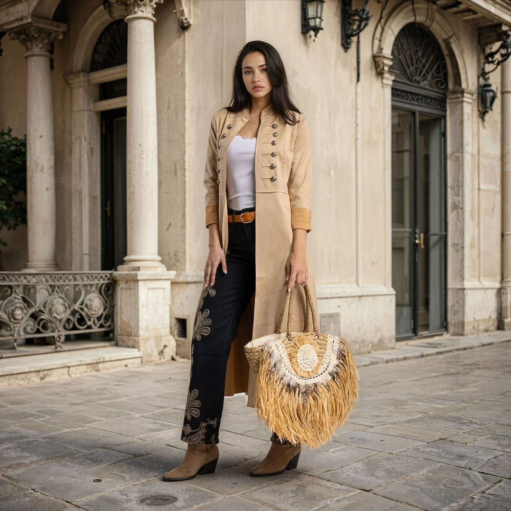 marigiou suede coat decorative buttons beige street style