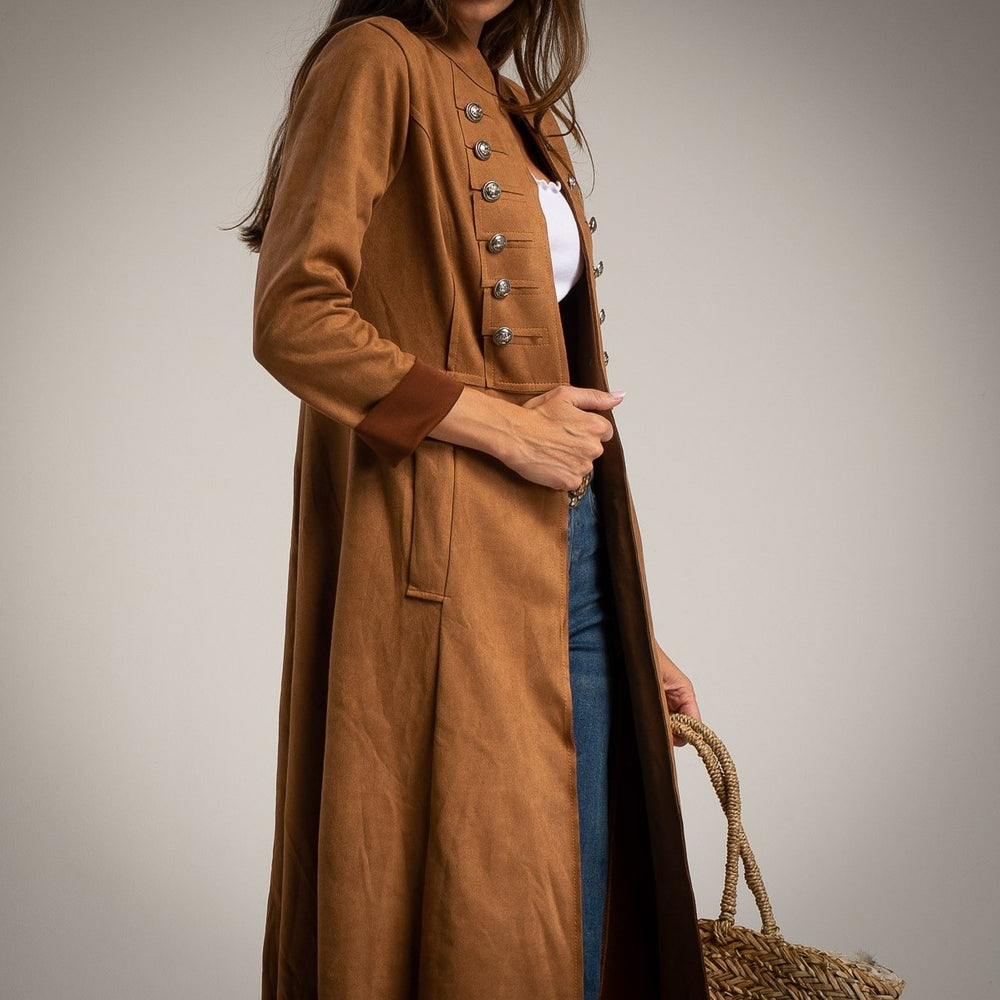 marigiou suede coat decorative buttons camel close up