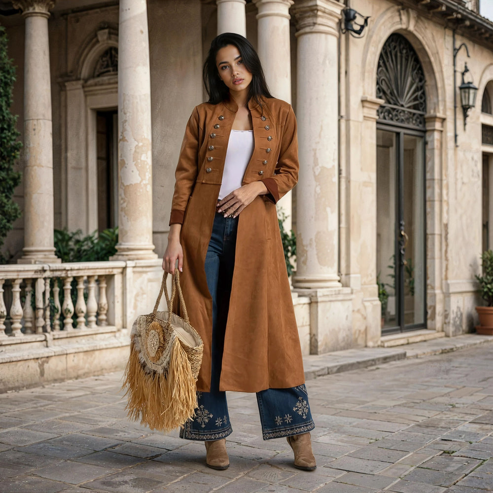 marigiou suede coat decorative buttons camel street style