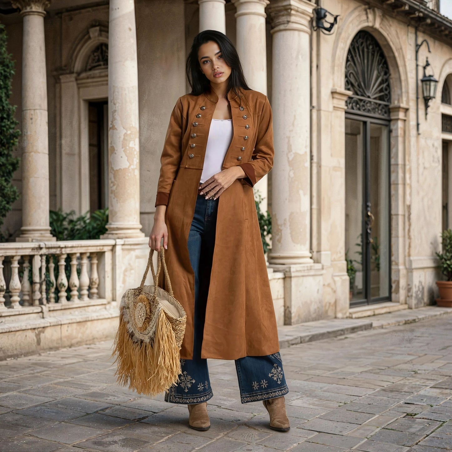 marigiou suede coat decorative buttons camel street style