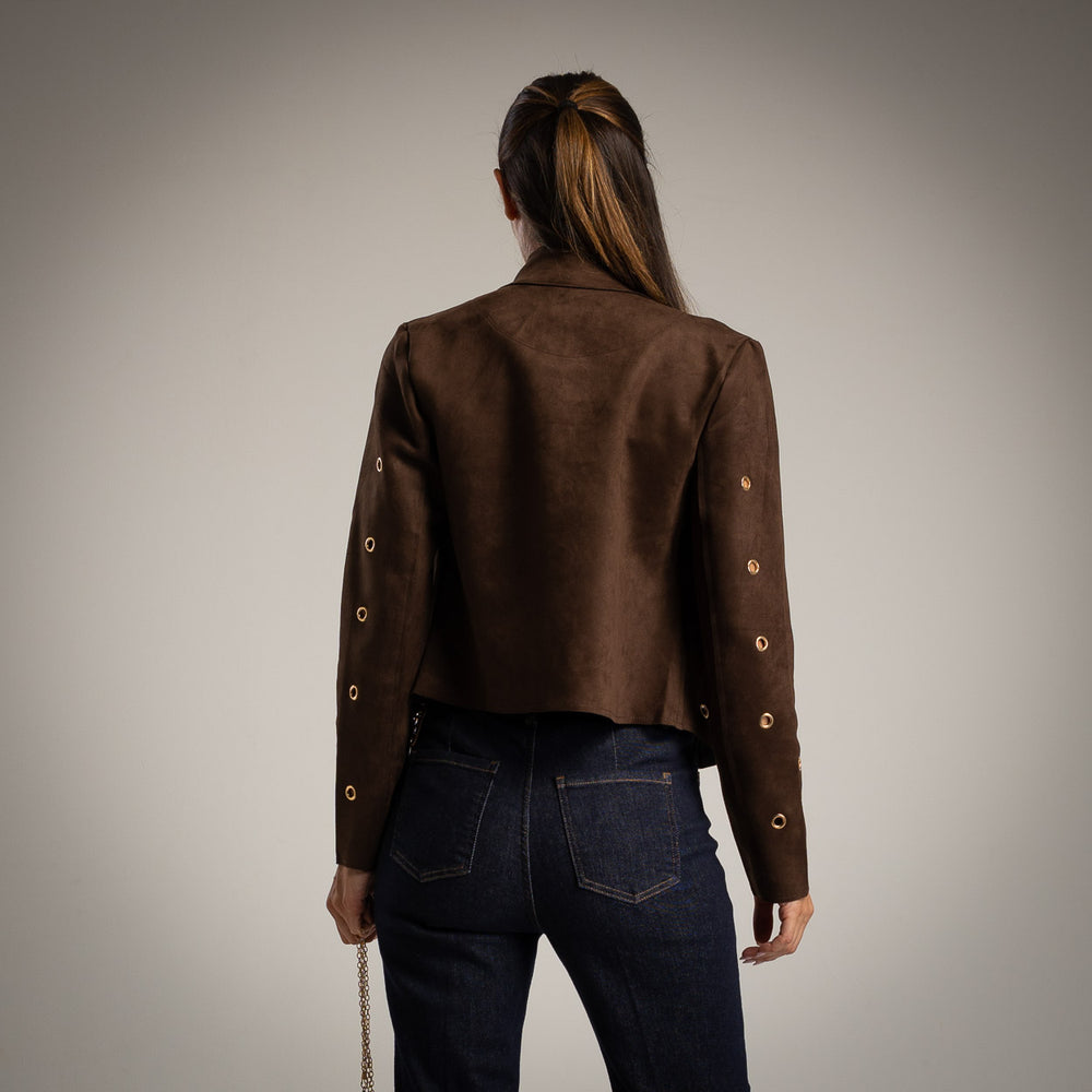 MARIΓIOÚ suede jacket chocolate brown back view – Autumn fashion 2025