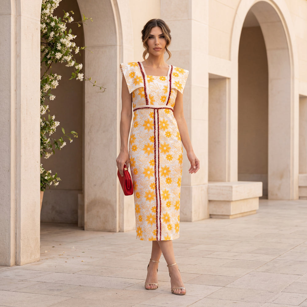 summer cocktail dress floral midi Orange white cotton elegant front view marigiou