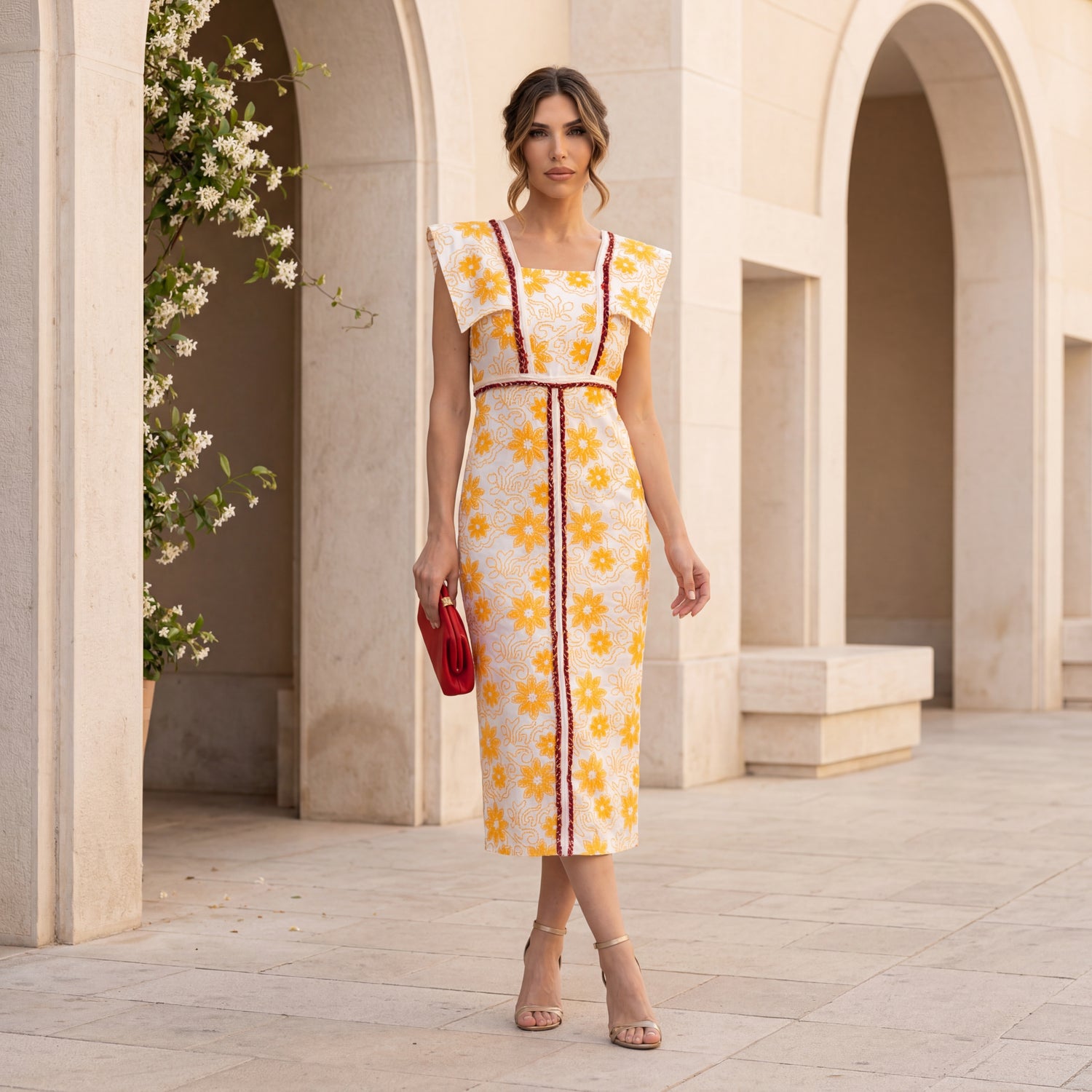 summer cocktail dress floral midi Orange white cotton elegant front view marigiou