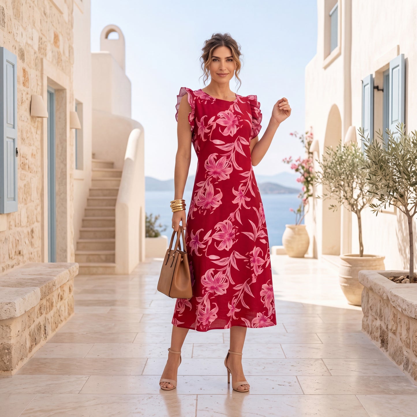 Elegant floral midi dress in sunset fuchsia with pink floral print styled in a luxurious Mediterranean setting