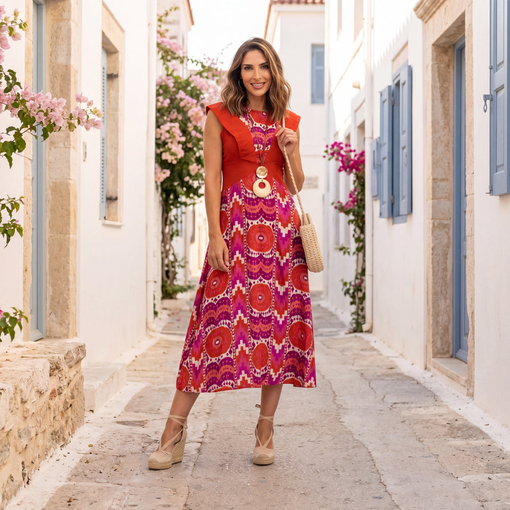 MARIΓIOÚ sunset fuchsia Mediterranean midi dress styled in a Greek island street