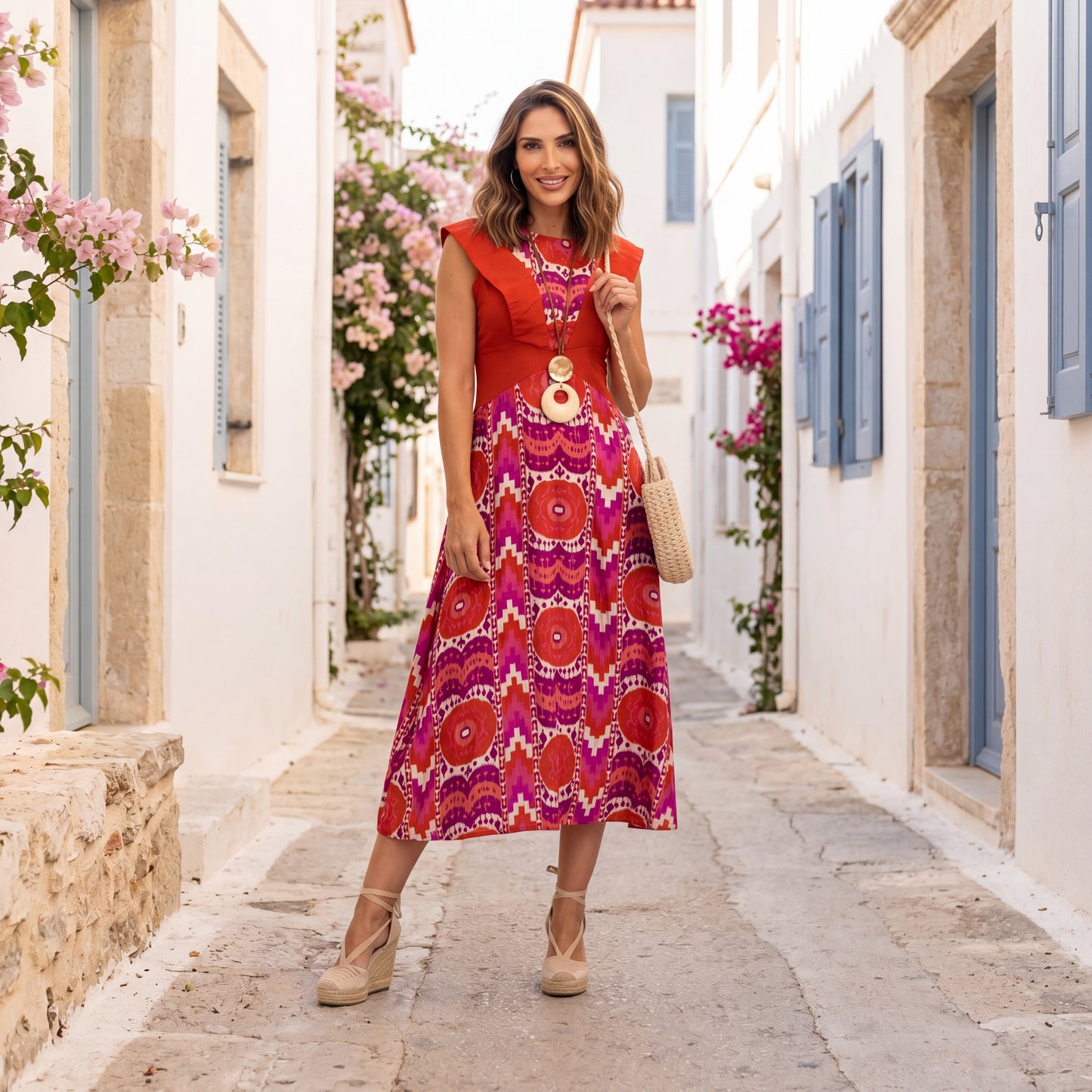 MARIΓIOÚ sunset fuchsia Mediterranean midi dress styled in a Greek island street