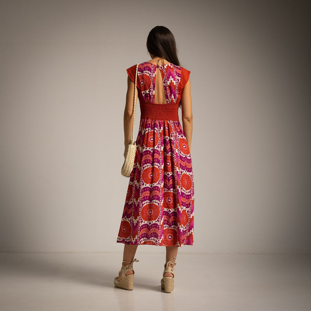 MARIΓIOÚ sunset fuchsia boho chic midi dress back view