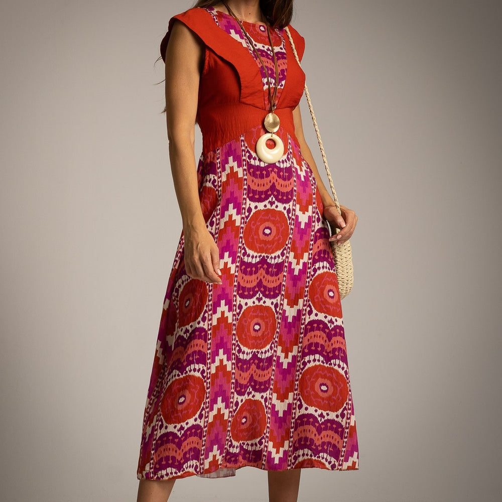 MARIΓIOÚ sunset fuchsia Mediterranean mosaic midi dress front view