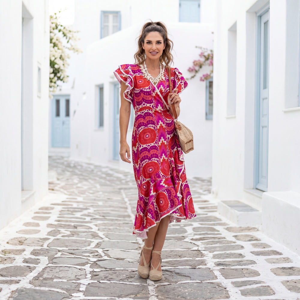 Woman wearing Sunset Fuchsia Mediterranean wrap dress in a Greek island setting