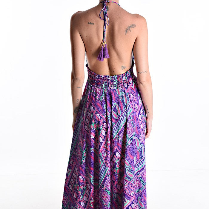Back view of MARIΓIOÚ backless maxi dress in Sunset Orchid with flowing paisley print