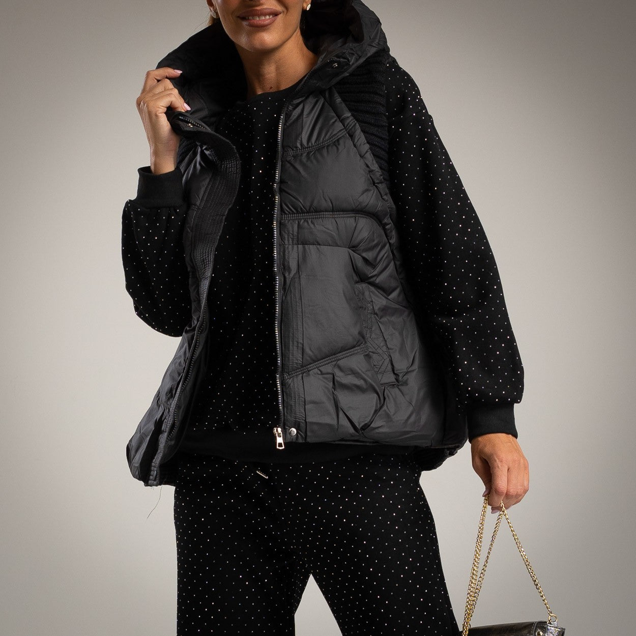 MARIΓIOÚ Swarovski loungewear set front view with padded vest