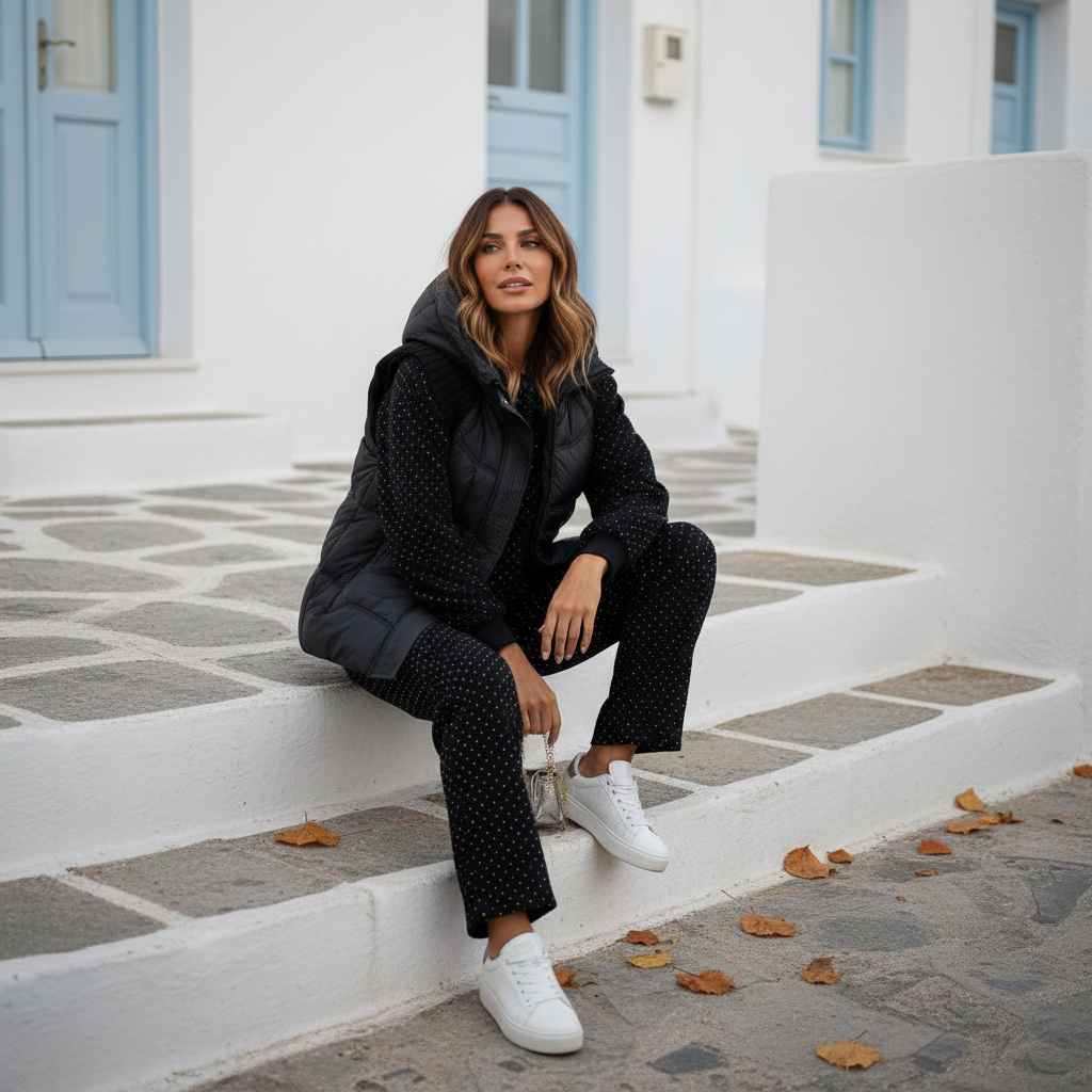 MARIΓIOÚ Swarovski loungewear set outdoor sitting close-up with vest