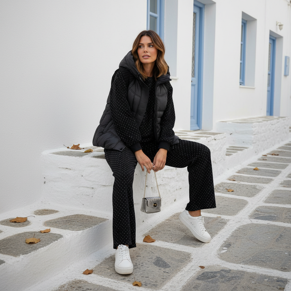 MARIΓIOÚ Swarovski loungewear set outdoor sitting view with vest