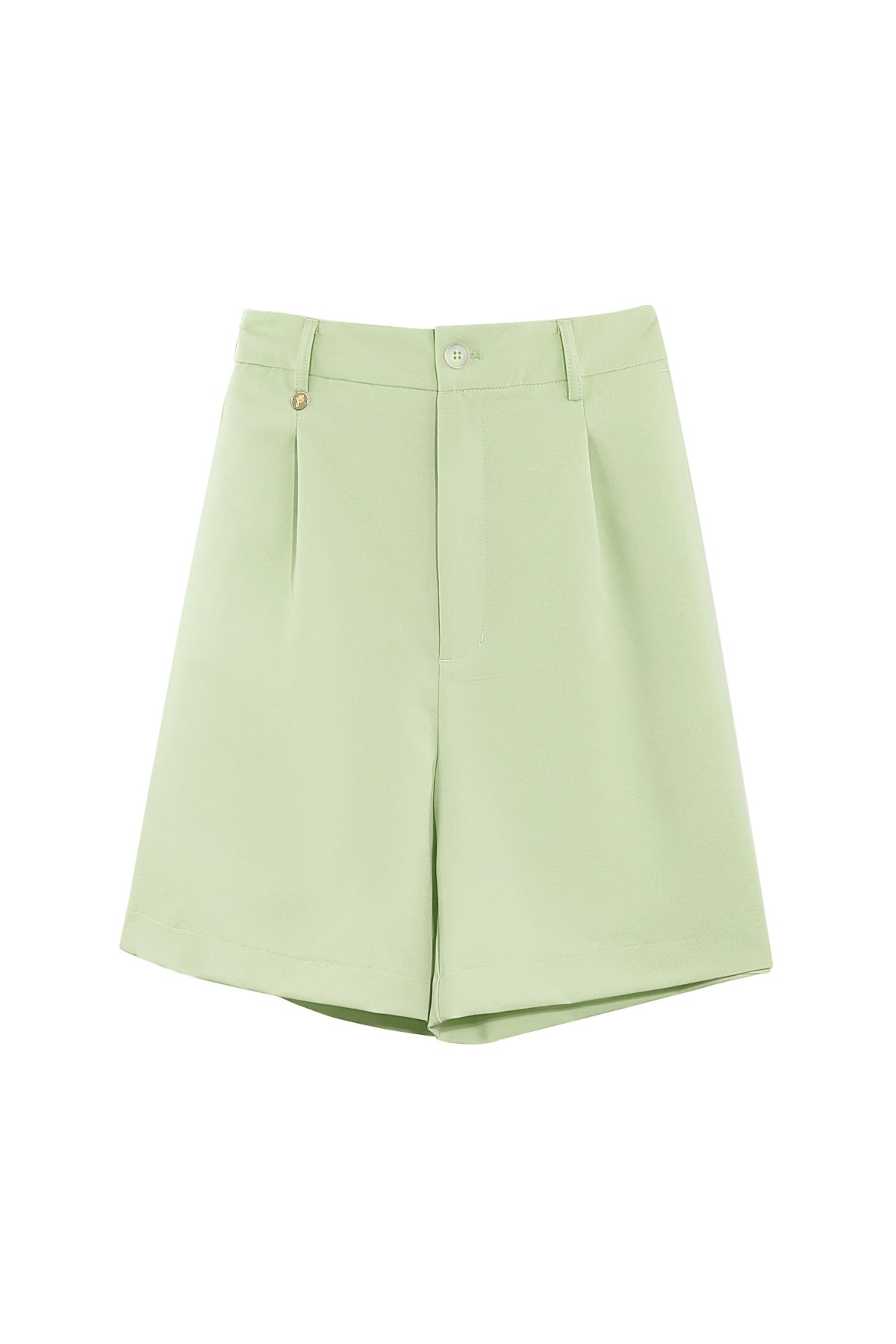 Sage Mist tailored high-waist shorts with front pleats – front view