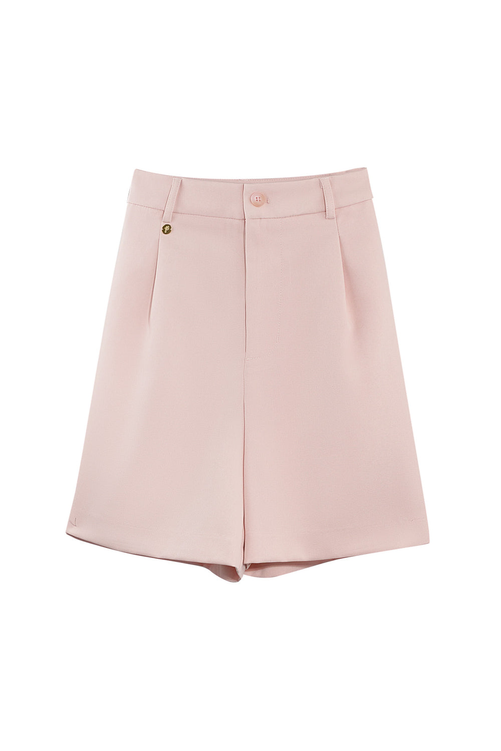 Soft Blush Pink tailored high-waist shorts with front pleats – front view