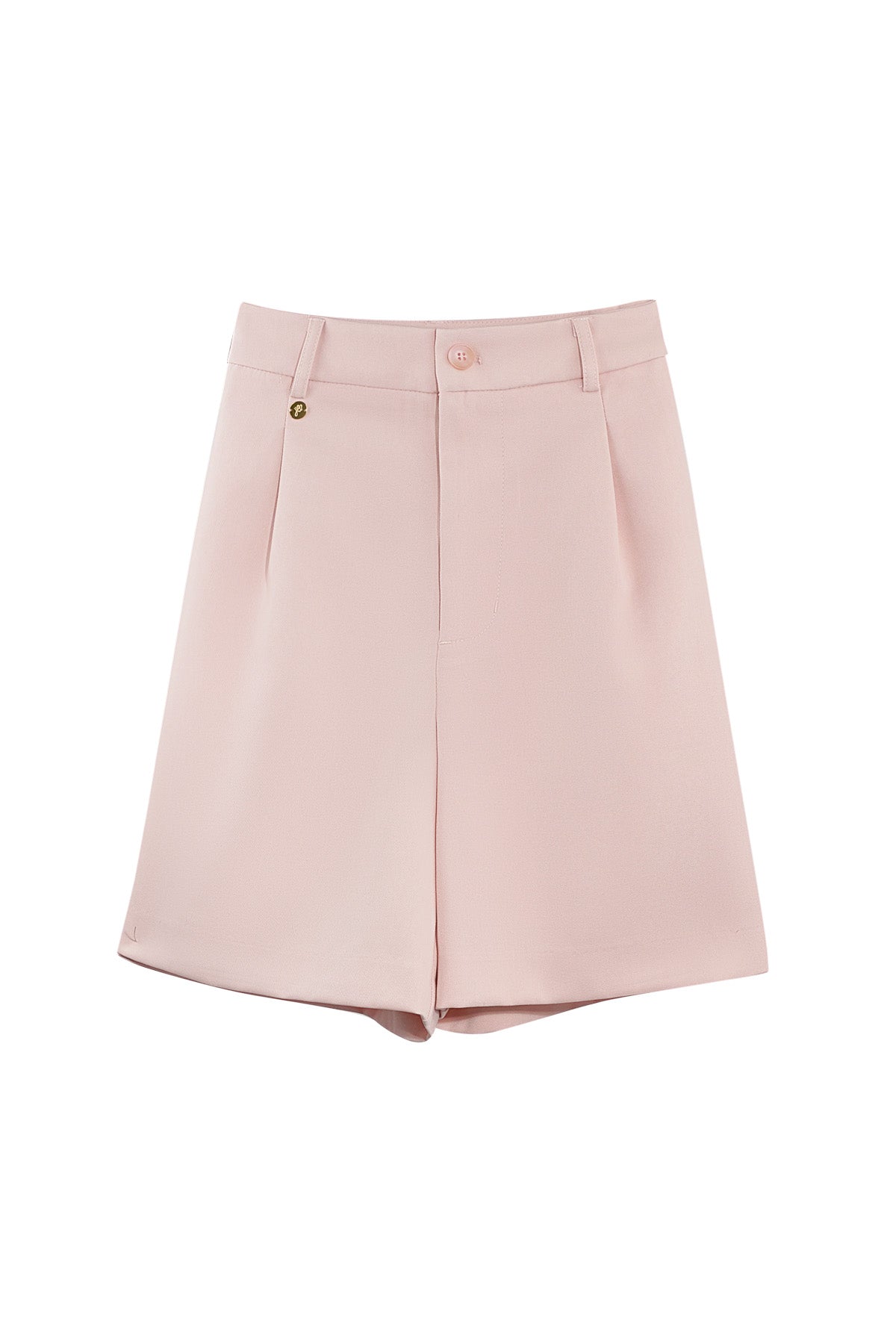 Soft Blush Pink tailored high-waist shorts with front pleats – front view