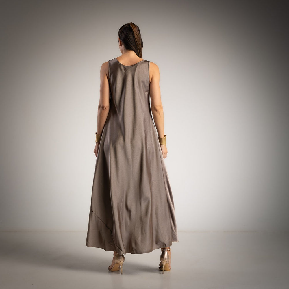 Back view of a taupe satin maxi dress with elegant sleeveless design and maxi length