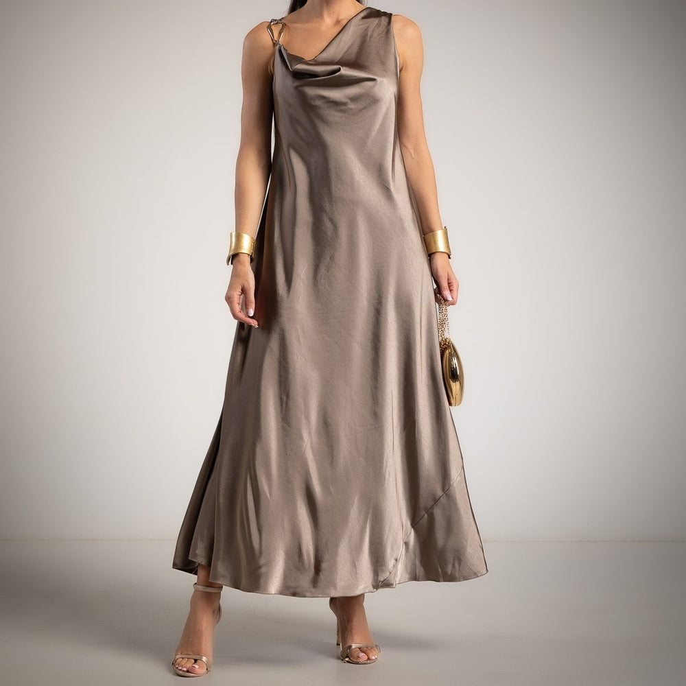 Taupe satin maxi dress featuring a draped neckline and flowing silhouette