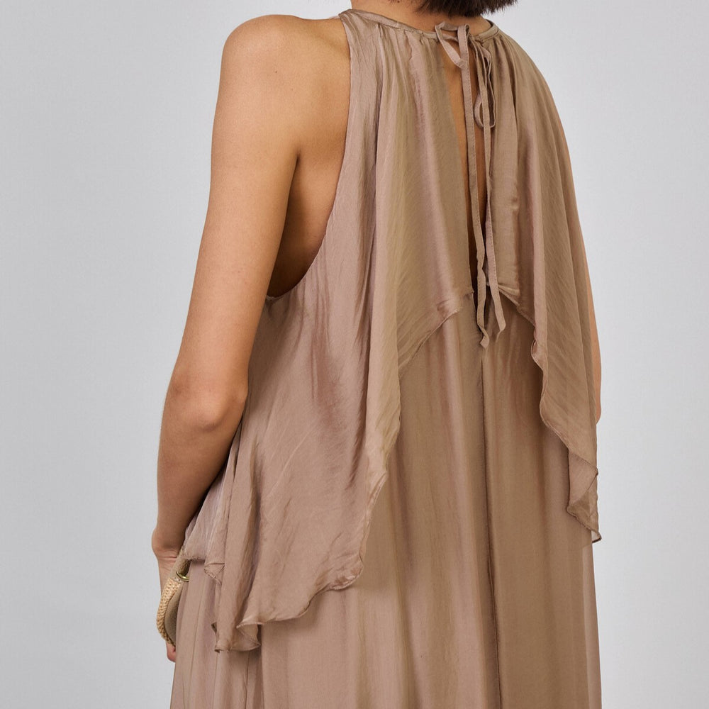 MARIΓIOÚ taupe silk maxi dress elegant flowy back detail lightweight fabric