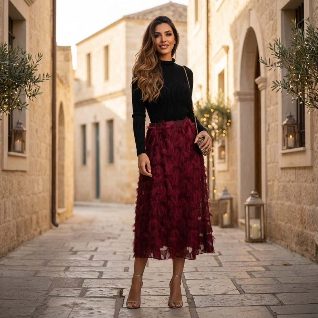 Burgundy textured fringe midi skirt styled with a black top in a charming stone street setting