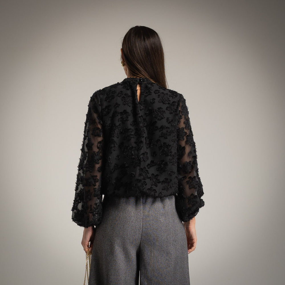 Black sheer blouse with floral texture – back view