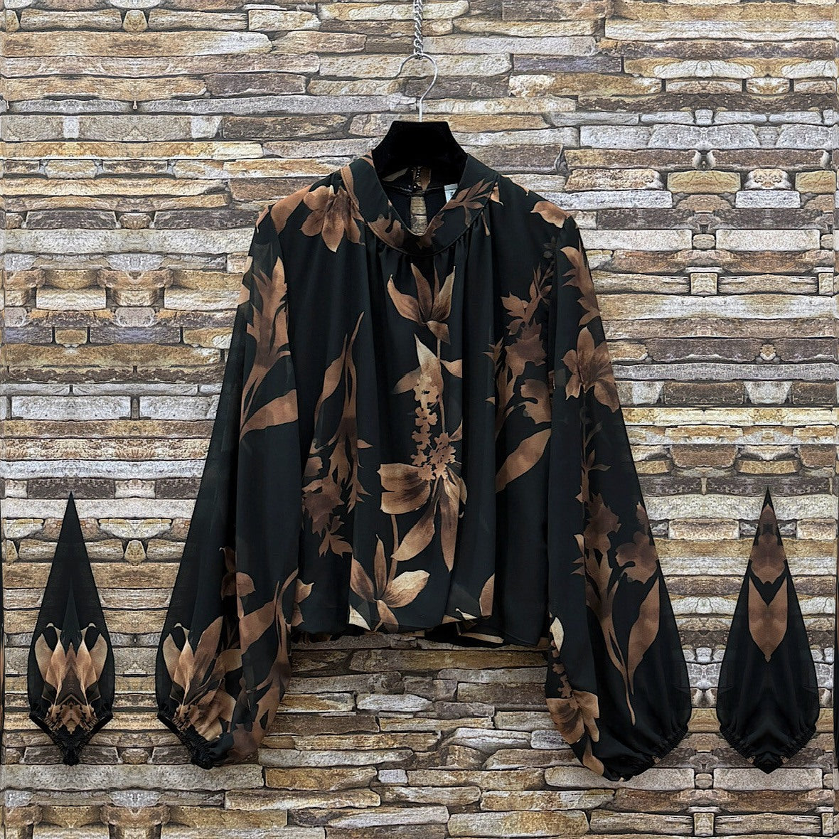Black floral print blouse with sheer balloon sleeves and tie neckline - front view