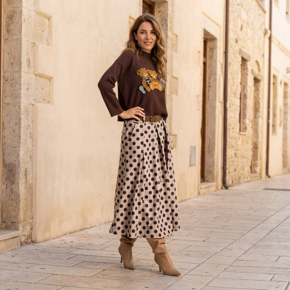 Three bears knit sweater styled with polka dot midi skirt and boots by MARIΓIOÚ