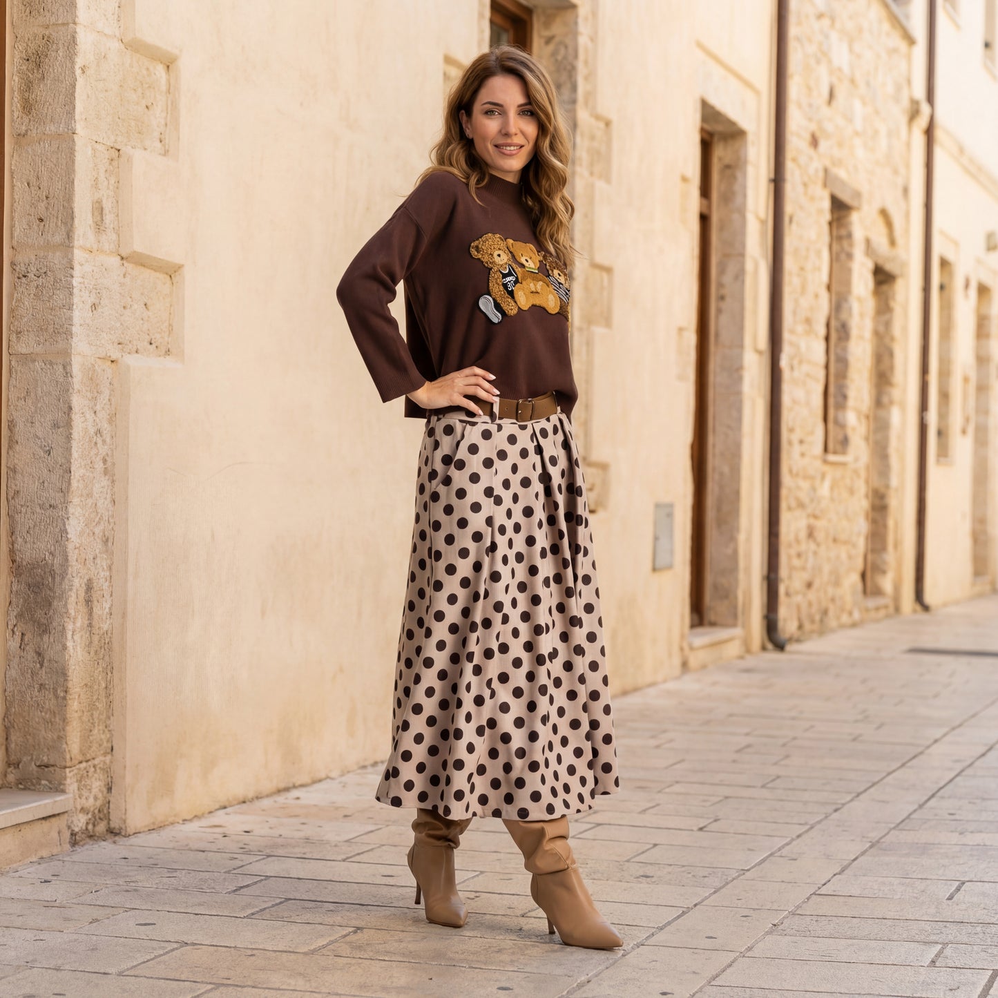 Three bears knit sweater styled with polka dot midi skirt and boots by MARIΓIOÚ