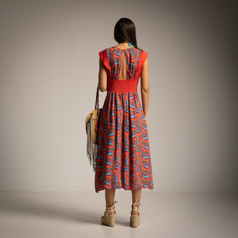 MARIΓIOÚ tropical coral resort midi dress back view