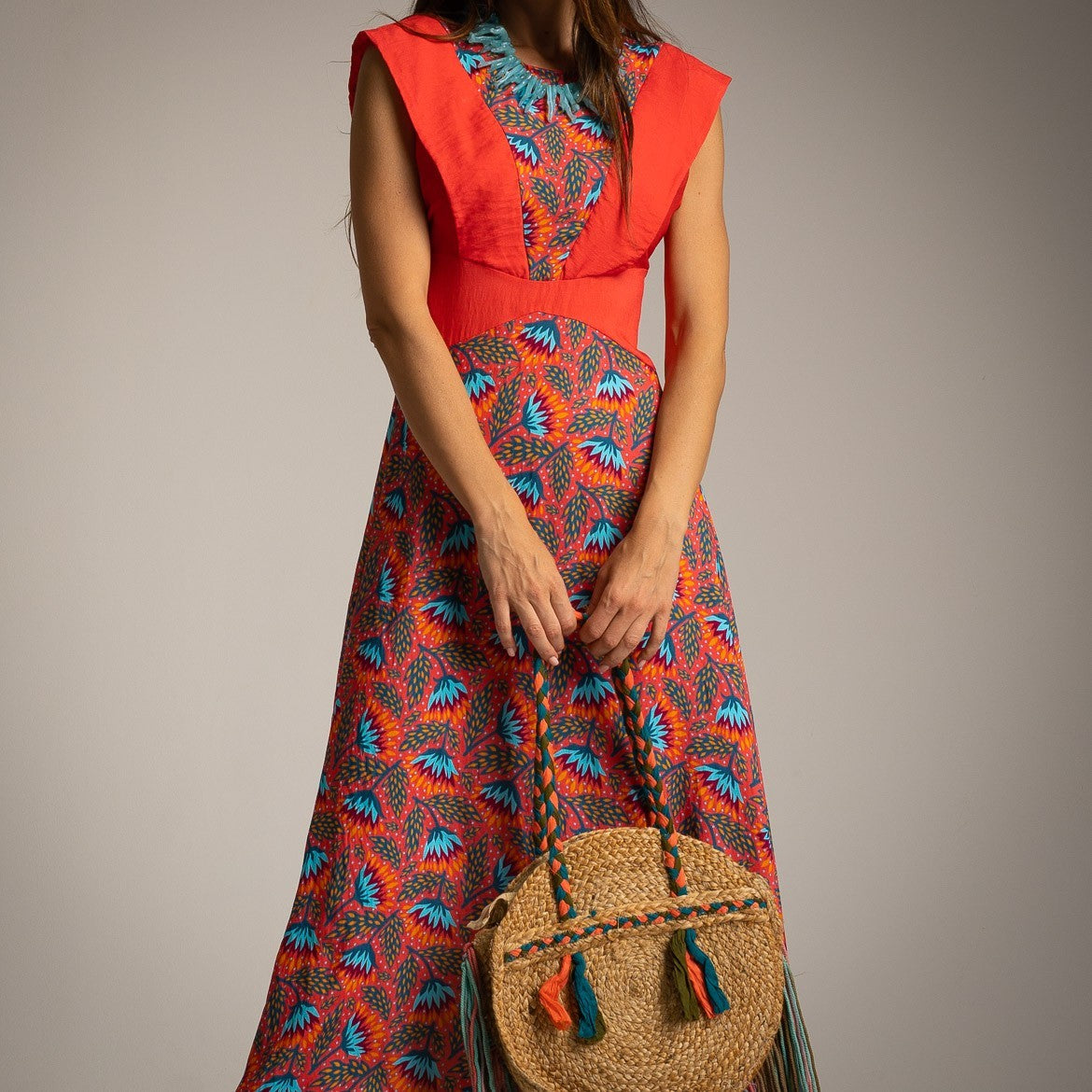 MARIΓIOÚ tropical coral Mediterranean midi dress with botanical print front view