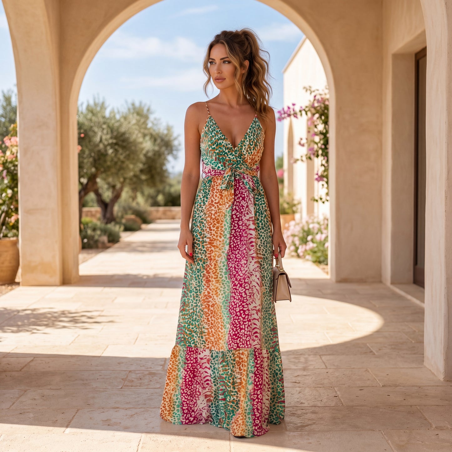Tropical Oasis animal print maxi dress with flowing silhouette and wrap neckline