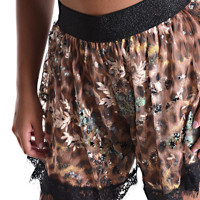 Tulle animal print shorts with floral embroidery and shimmering sequin details