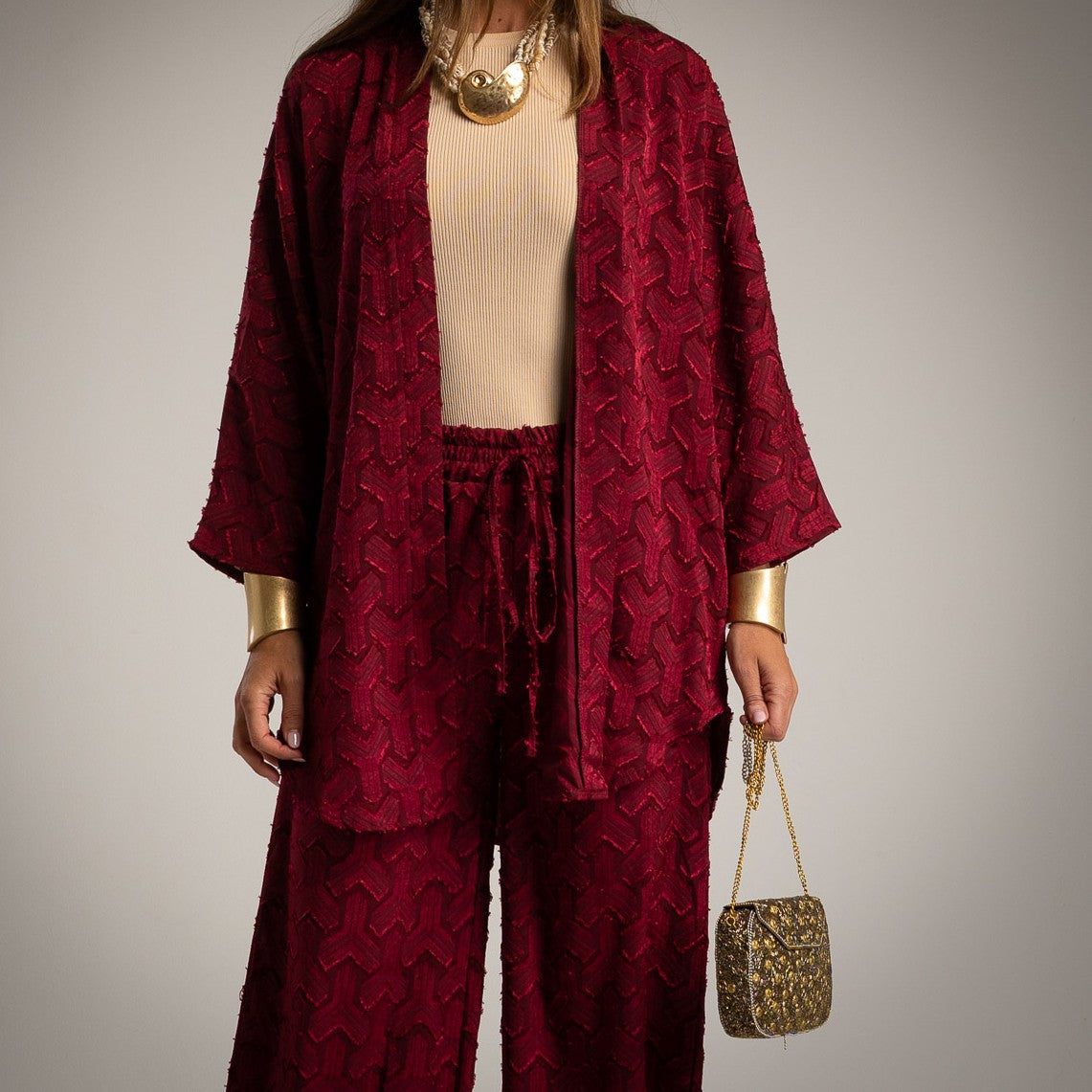 MARIΓIOÚ two-piece set Granate red jacket and trousers details