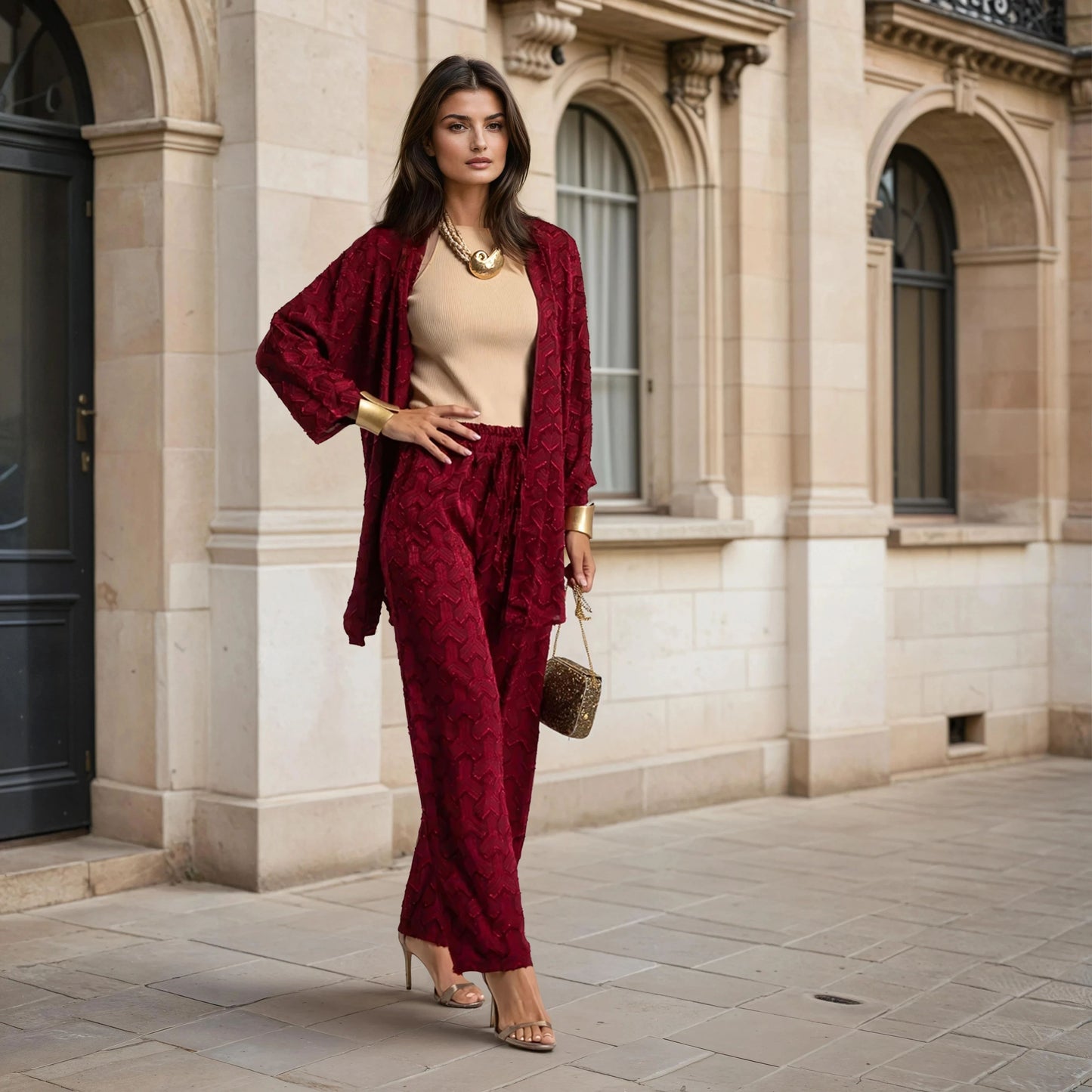 MARIΓIOÚ two-piece set Granate red front view – Autumn 2025 Collection