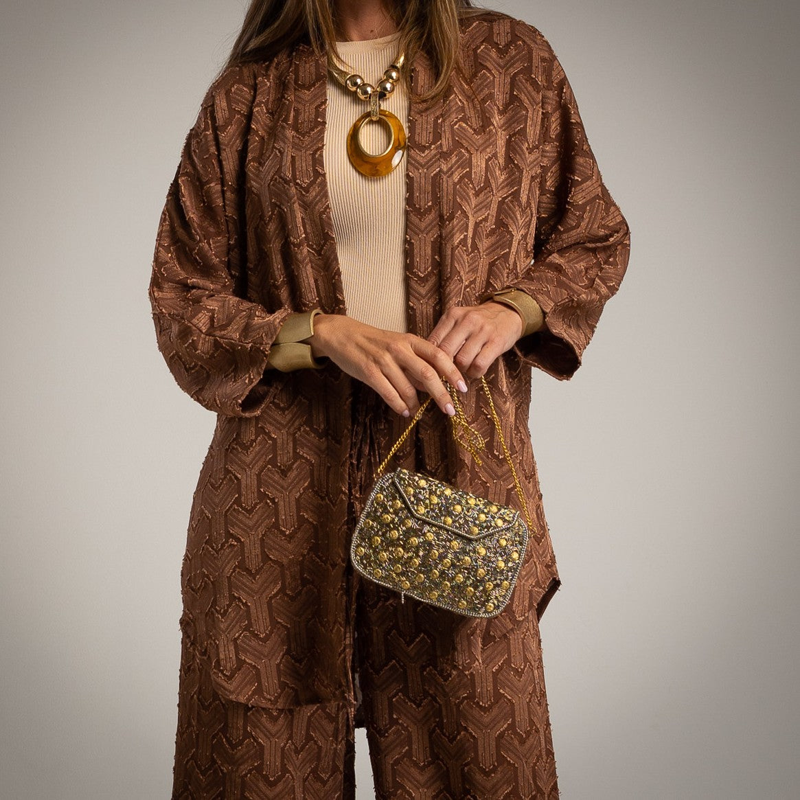 MARIΓIOÚ two-piece set Marron brown jacket and trousers details