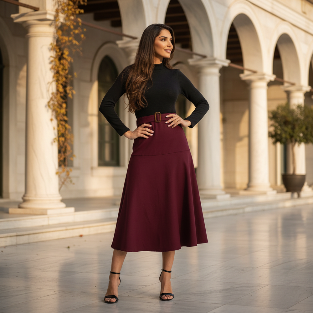 marigiou two tone knit midi dress bordeaux street style